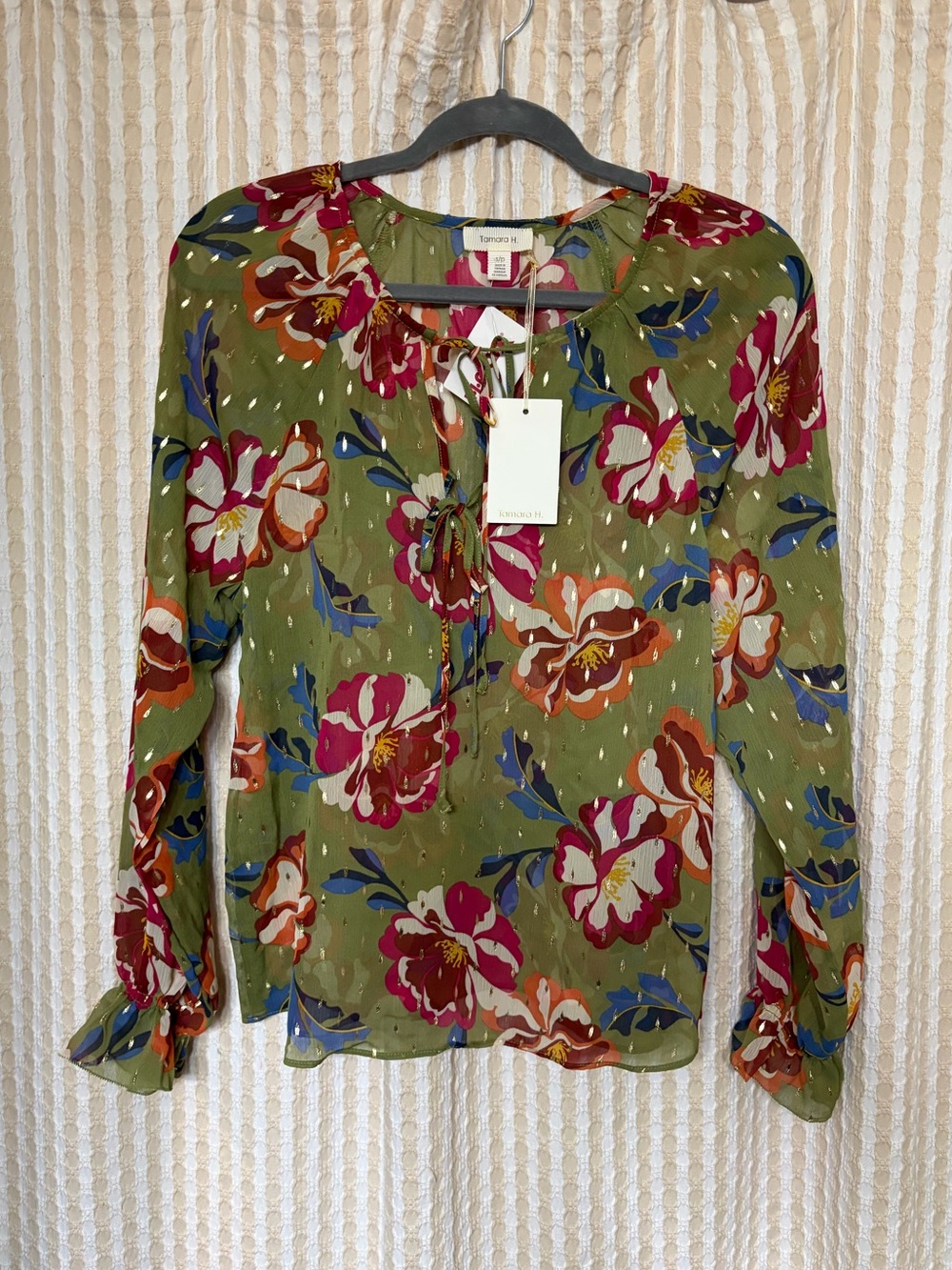 Tamara H. Olive Floral Tie-Front Long Sleeve Blouse